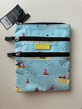Scout Light Blue Nautical Triple-Zip Crossbody Pouch with Yellow Logo Patch